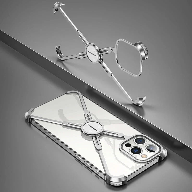 Stylish metal bumper case with X-shaped design, airbag cushioning, and heat dissipation for iPhone 12 and 13 series