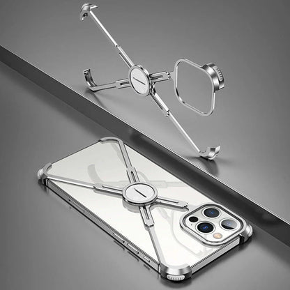 Stylish metal bumper case with X-shaped design, airbag cushioning, and heat dissipation for iPhone 12 and 13 series