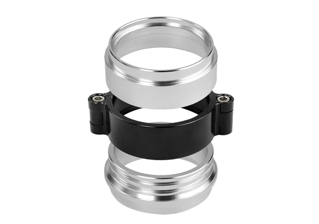 Aluminium fixed movement clamp for turbine exhaust downspouts in black, blue, or red colours showing 800psi pressure rating