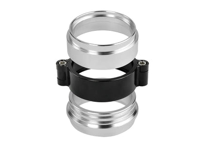 Aluminium fixed movement clamp for turbine exhaust downspouts in black, blue, or red colours showing 800psi pressure rating