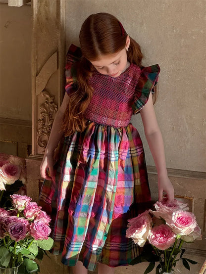 Girls' retro plaid sleeveless cotton dress in coffee plaid or red plaid, height sizes 90cm to 140cm