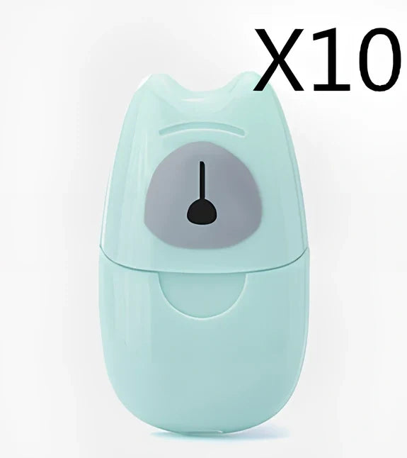 Pack of 50 pink biodegradable soap paper sheets, each 8x4.5cm, for portable hand cleaning on travels