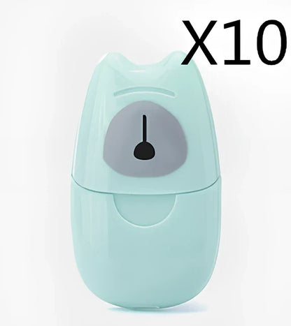 Pack of 50 pink biodegradable soap paper sheets, each 8x4.5cm, for portable hand cleaning on travels