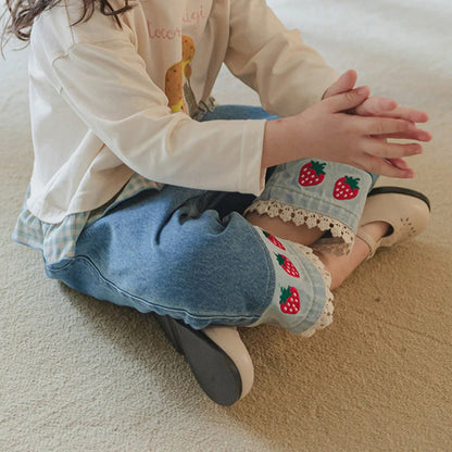 Children's jeans with strawberry embroidery and lace patchwork on denim, mid waist with hairband belt