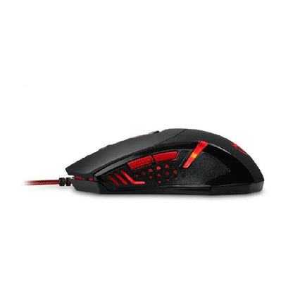 Black and red USB wired optical gaming mouse with six buttons on a desk.