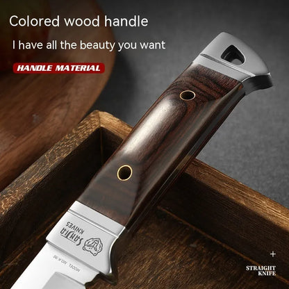 Camping fruit knife with stainless steel blade and brown leather sheath on a wooden surface