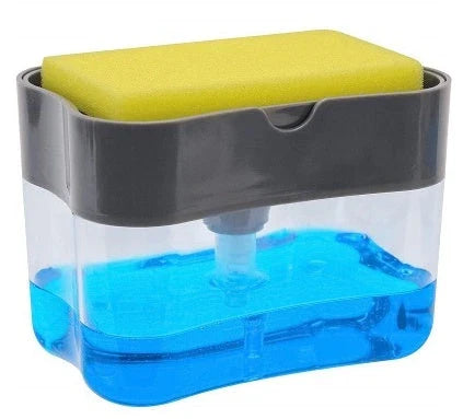 Multifunctional dish soap dispenser with attached sponge caddy for easy, organized cleaning in the kitchen
