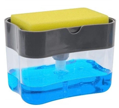 Multifunctional dish soap dispenser with attached sponge caddy for easy, organized cleaning in the kitchen