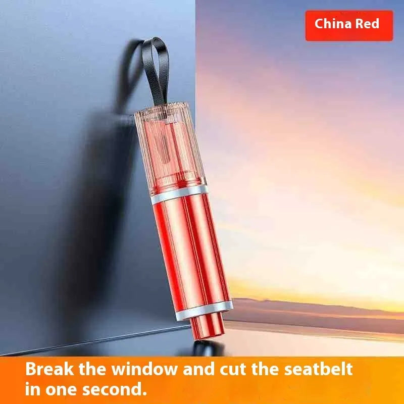 Black and red car safety life hammer with window breaking tip and seatbelt cutter