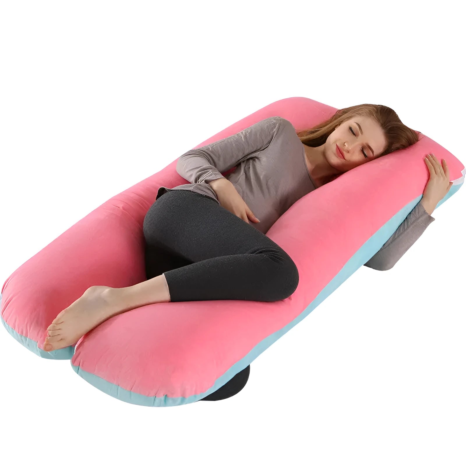 Large U-shaped pregnancy support pillow with removable cover and abdominal support belt.