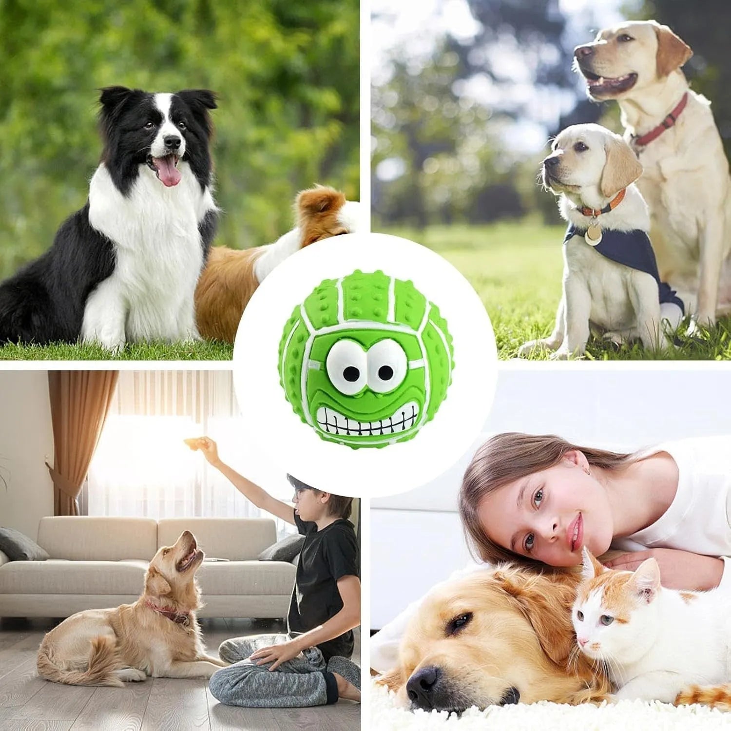 Green, orange, and yellow latex dog balls with smile face designs for chewing and play