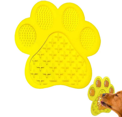 Blue bone-shaped dog licking mat with suction cups on a smooth surface, measuring 18x18cm