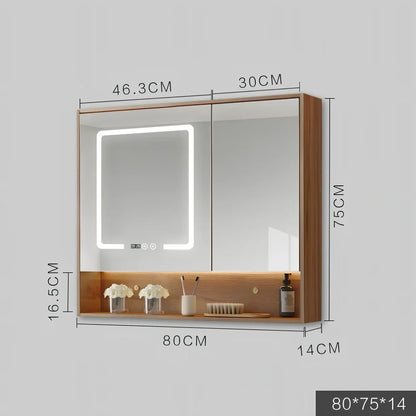 Wall-mounted bathroom mirror cabinet with LED lights and anti-fog technology in solid wood construction