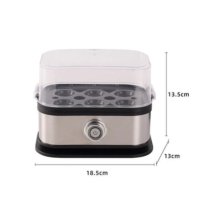 Black stainless steel portable egg boiler with power cord and international adapters for American, European, British standards