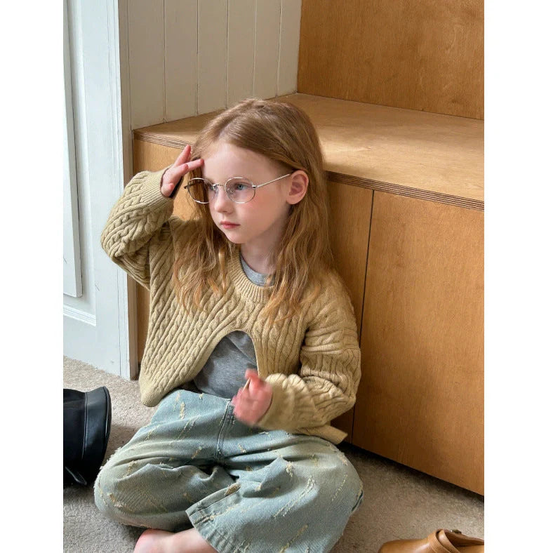 Girls' cotton knitted pullover in lotus root colour with single-breasted placket, shown on hanger