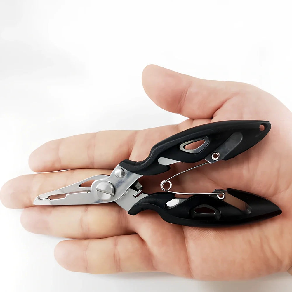 Stainless steel curved nose fishing pliers measuring 12.5cm with line cutter and protective covers