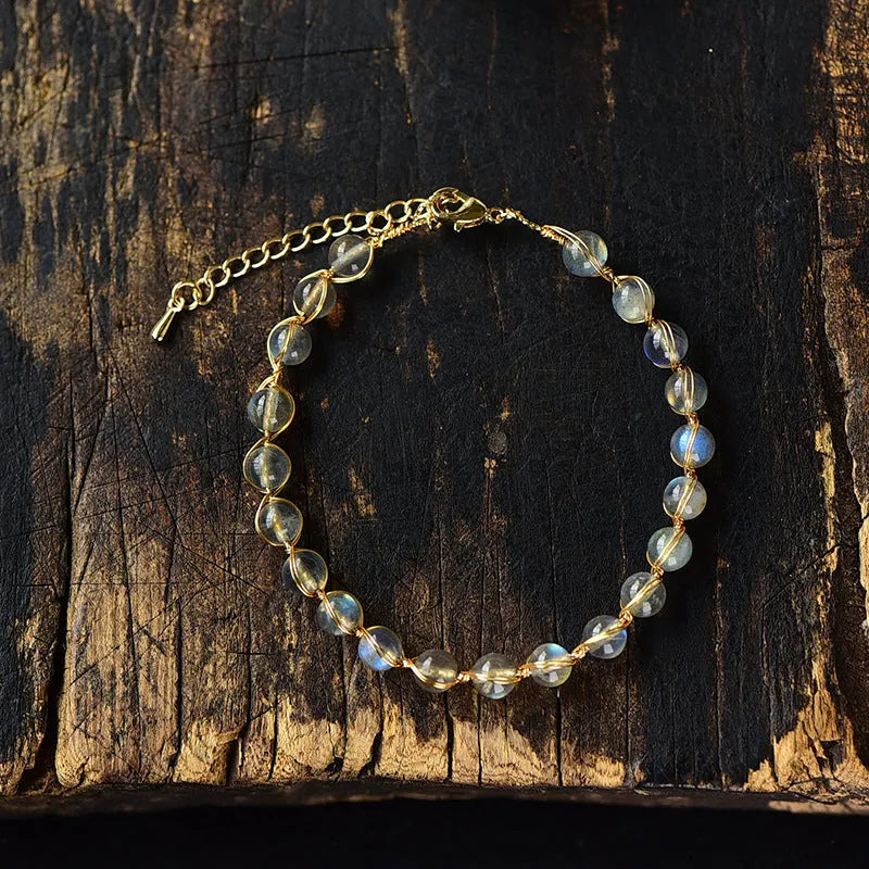 Women's 14K gold plated bracelet with blue moonstone crystal beads and starry sky charms