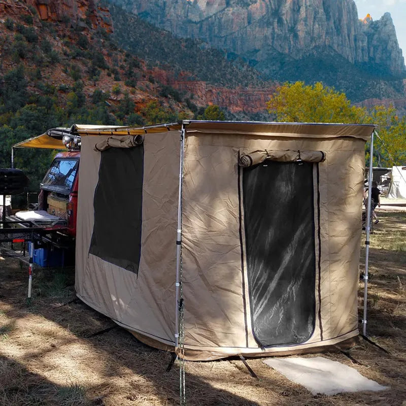 Black glue coated car sunshade tent with aluminium poles set up outdoors.