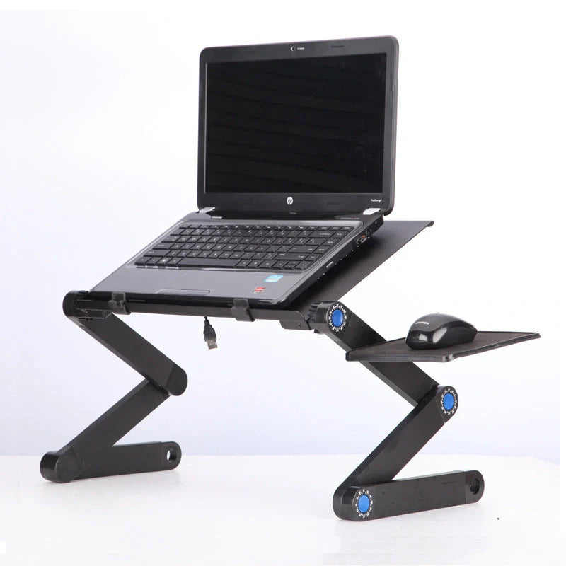 Adjustable folding laptop stand with ergonomic design and mouse pad in cool black and rose red