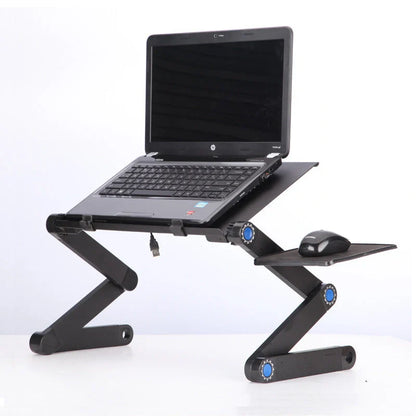 Adjustable folding laptop stand with ergonomic design and mouse pad in cool black and rose red
