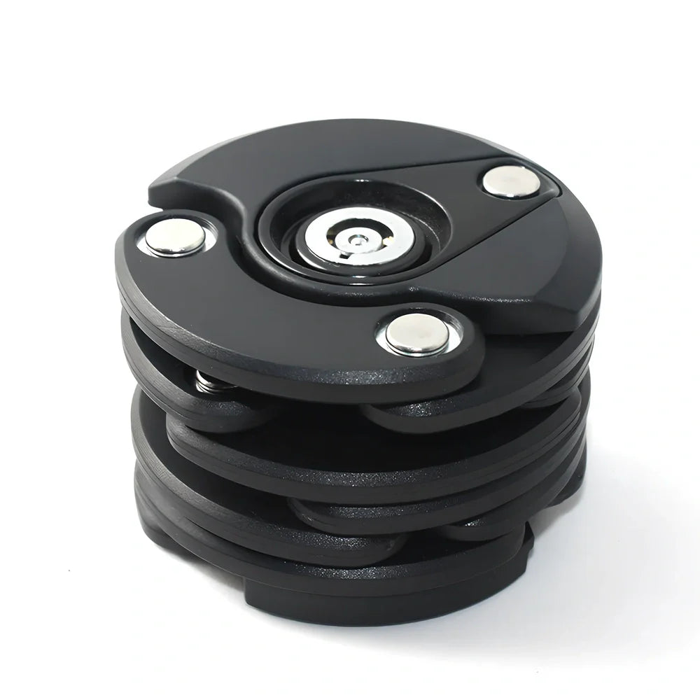 Black folding bicycle anti-theft chain lock, 585mm length with zinc alloy body and 3mm steel joints for secure bike protection