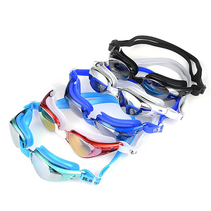 Anti-fog swimming goggles with UV-resistant mirror lenses and silicone straps in multiple colour options