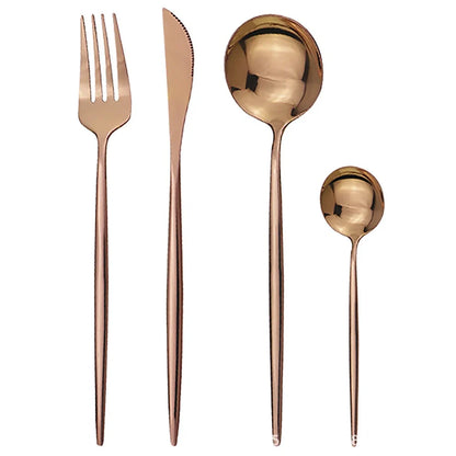 24-piece stainless steel cutlery set with mirror-polished finish showing six place settings in gold colour