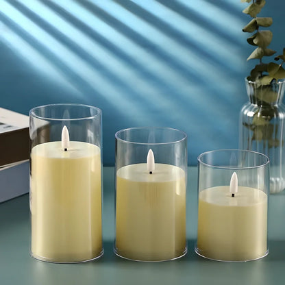 Electric candle lamp with LED flame simulation in cup design, available in 5.5cm and 7.5cm sizes