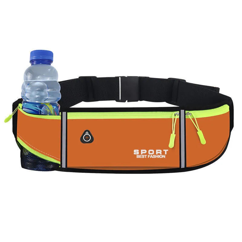 A waterproof Oxford cloth running waist bag in a choice of colours, showing multiple pocket options and anti-theft design.