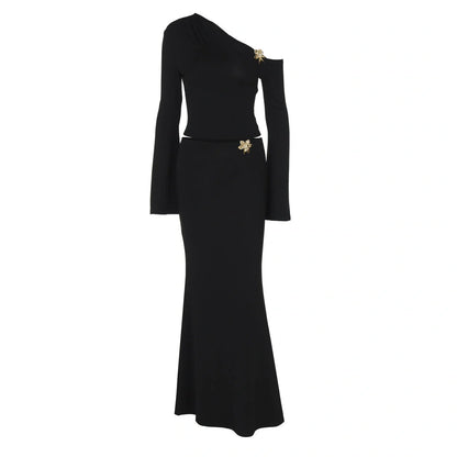 Oblique shoulder women's skirt suit with floral bell sleeves and high waist long skirt in black