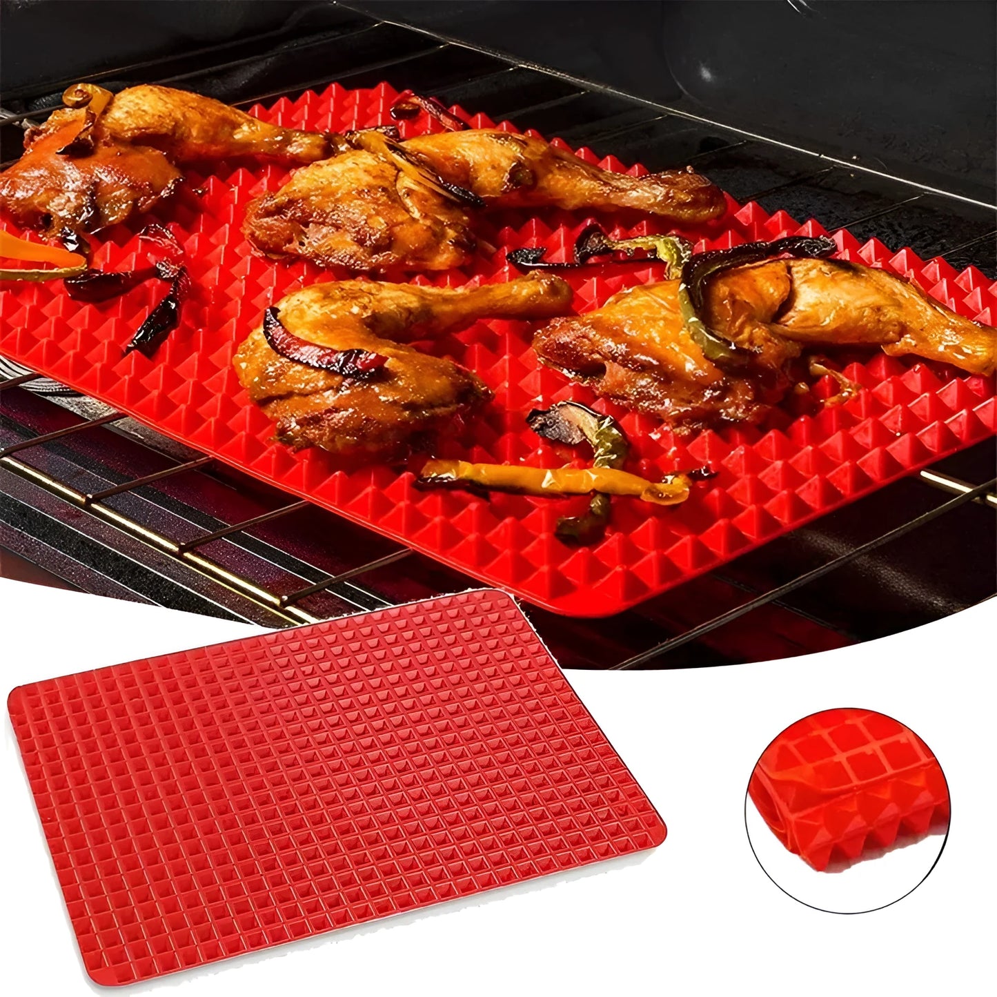 Red silicone pyramid grid cooking mat on a kitchen counter