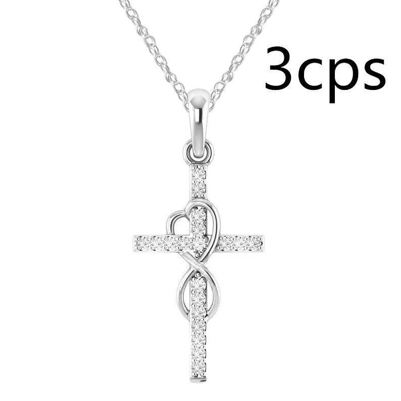 Alloy pendant necklace with diamond and eight-character cross design in gold, silver, and rose gold