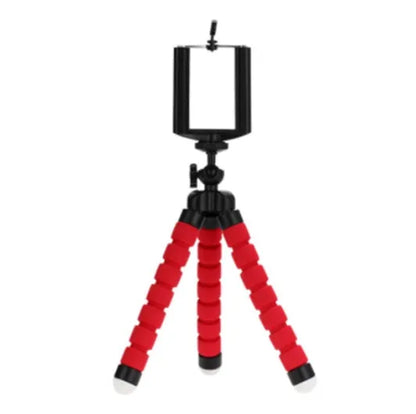 Black flexible octopus tripod stand wrapped around a branch holding a smartphone for angled video capture
