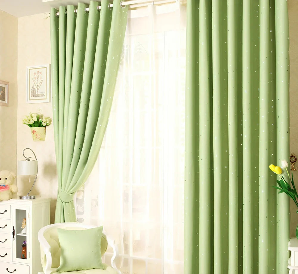 Star print perforated curtain in blue, cream, green, navy blue, or pink with 100% acrylic fibre construction