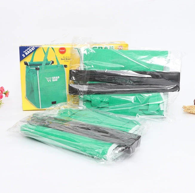 Foldable reusable grocery tote bag in green color, featuring durable construction, generous pockets, and a fold-flat design for easy storage