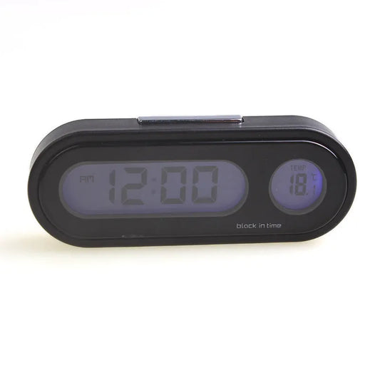 Black electronic car clock thermometer with LED display showing time and temperature, mounted on adjustable bracket