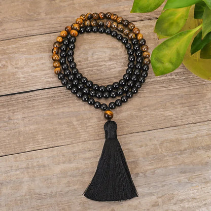 Handmade tiger eye stone necklace with ball bead chain and tassel pendant, adjustable length over 81cm
