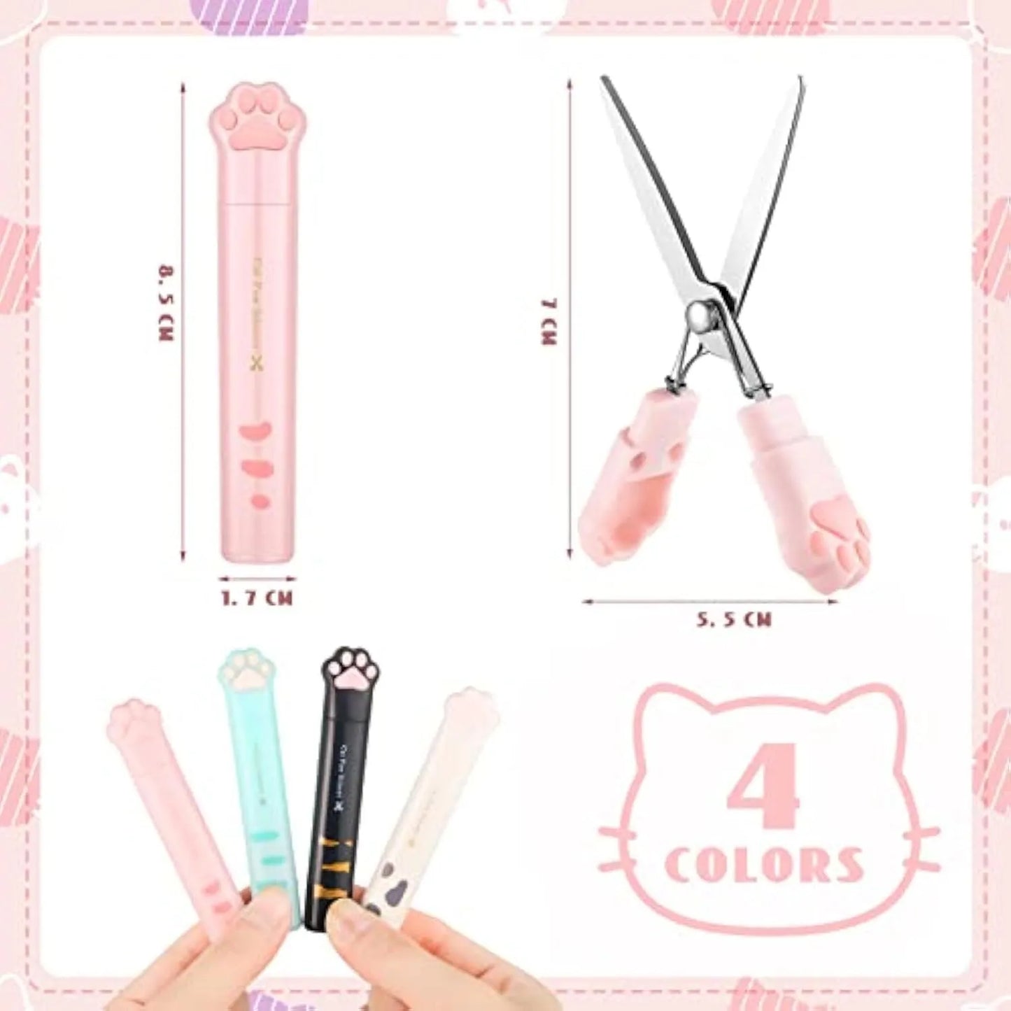 Closed and open views of cat paw mini folding scissors showing stainless steel blades and coloured handles.