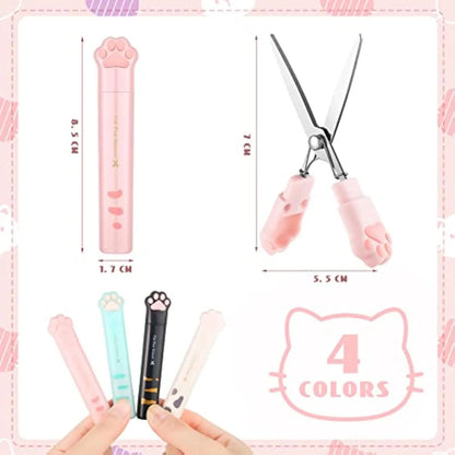 Closed and open views of cat paw mini folding scissors showing stainless steel blades and coloured handles.