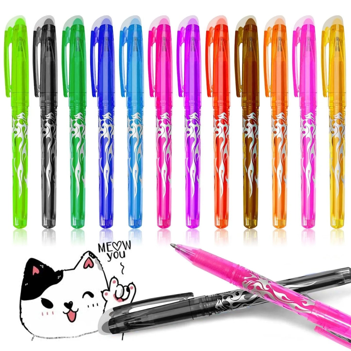 A set of hot erasable gel pens in multiple colours with plastic bodies and stainless steel nibs, shown with a hairdryer to illustrate the heat-erasable function.