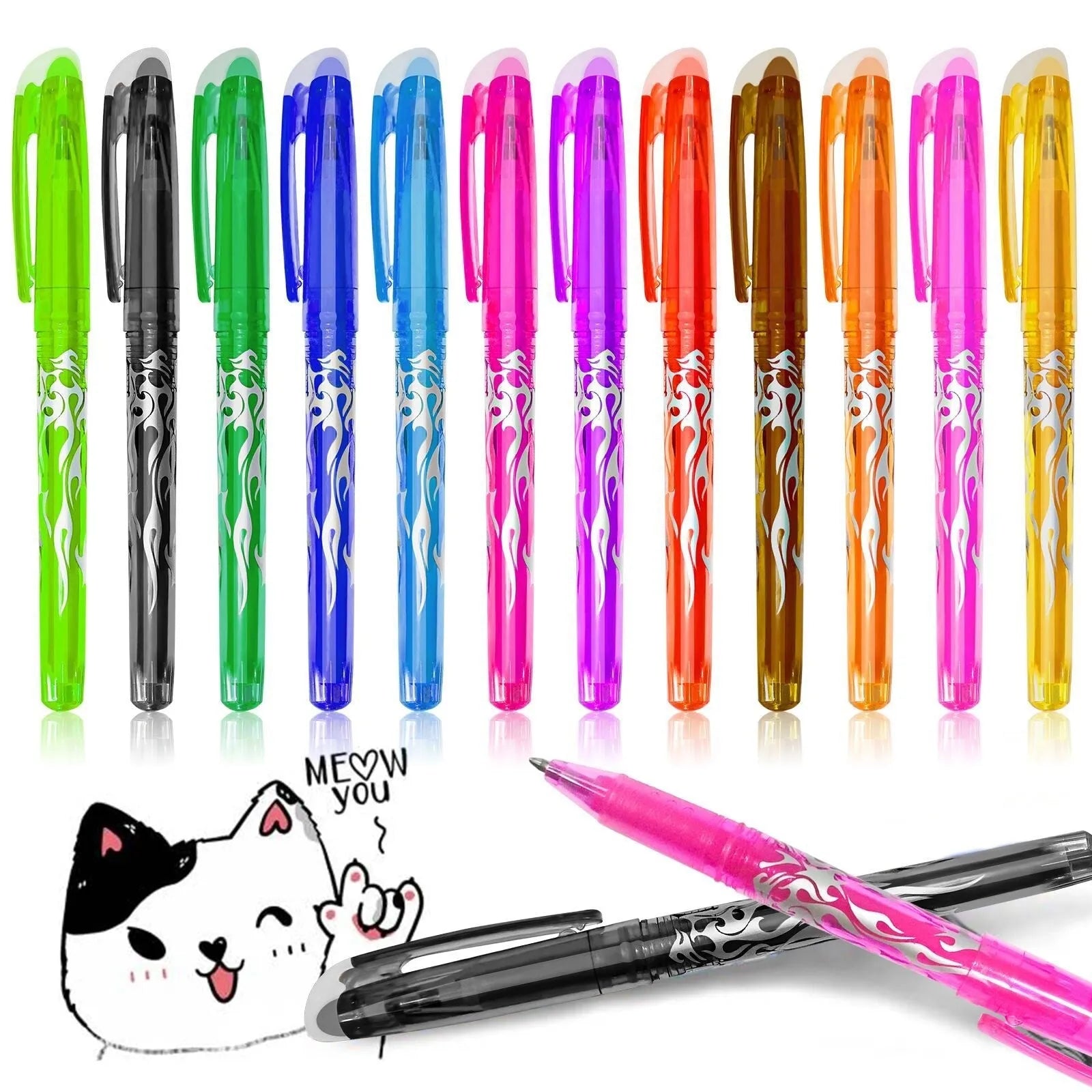A set of hot erasable gel pens in multiple colours with plastic bodies and stainless steel nibs, shown with a hairdryer to illustrate the heat-erasable function.