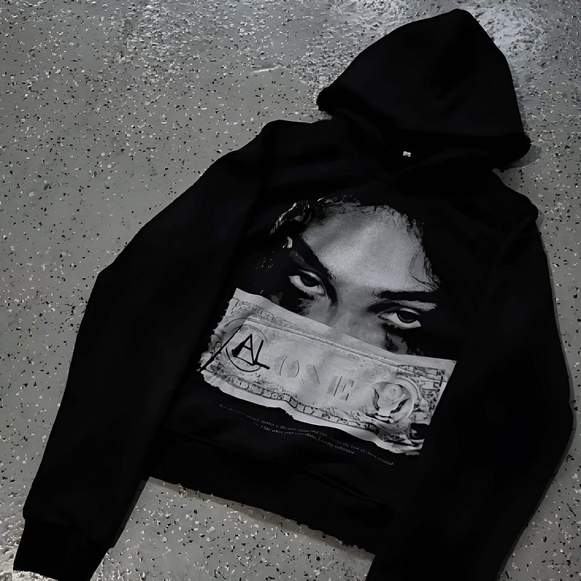 Black women's hoodie with cartoon print design in loose fit polyester construction
