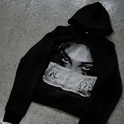 Black women's hoodie with cartoon print design in loose fit polyester construction