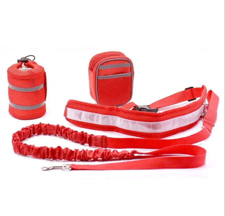 Adjustable hands-free dog leash set in gray, black, green, or red with waist and sundries bags