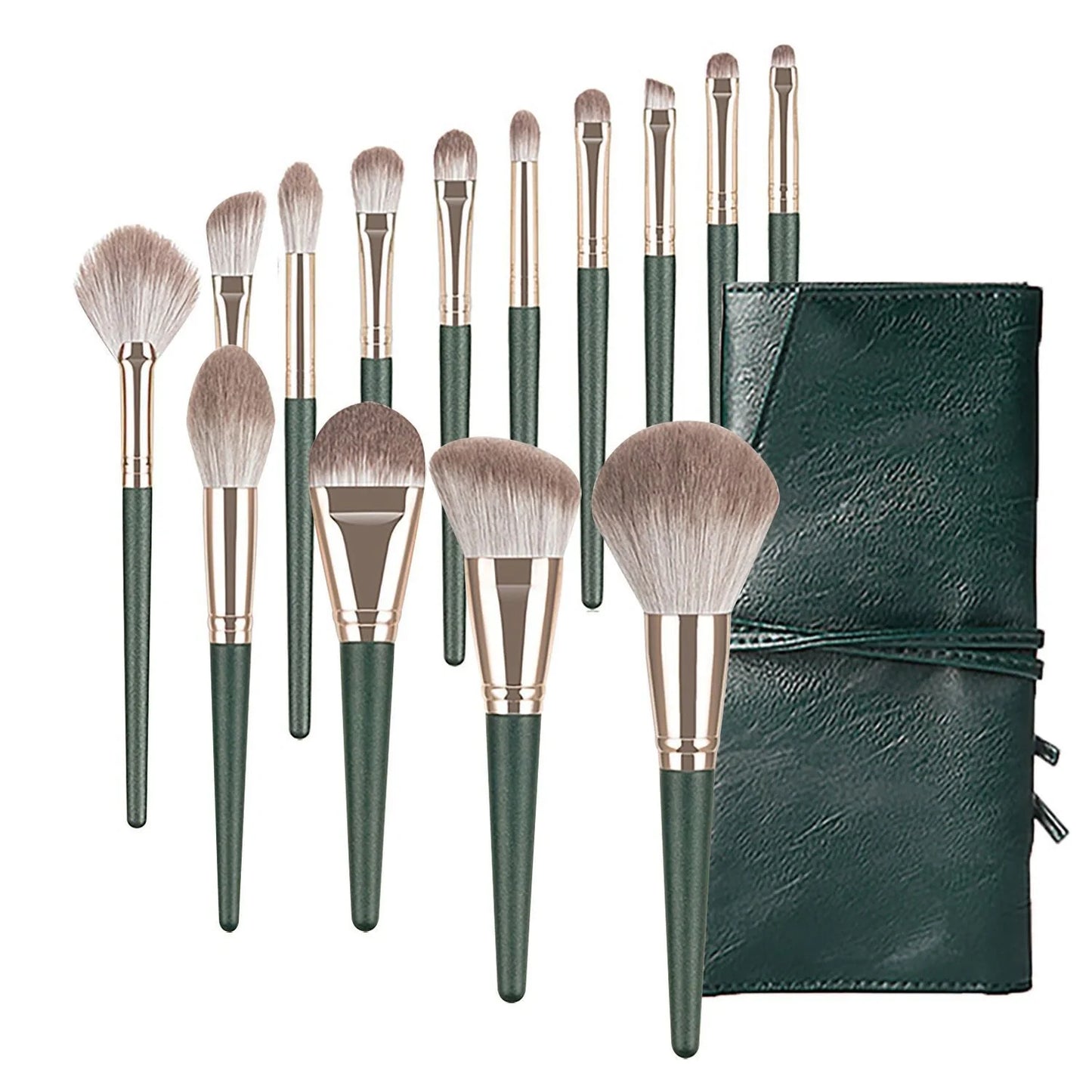 Green Cloud 14 Makeup Brushes Set with wooden handles and artificial fiber bristles