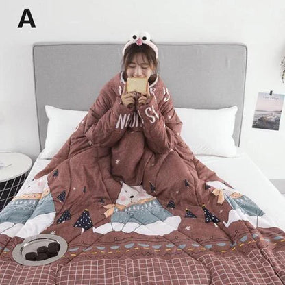 Cozy fleece blanket with sleeves in various colors, perfect for relaxing and enjoying indoor activities