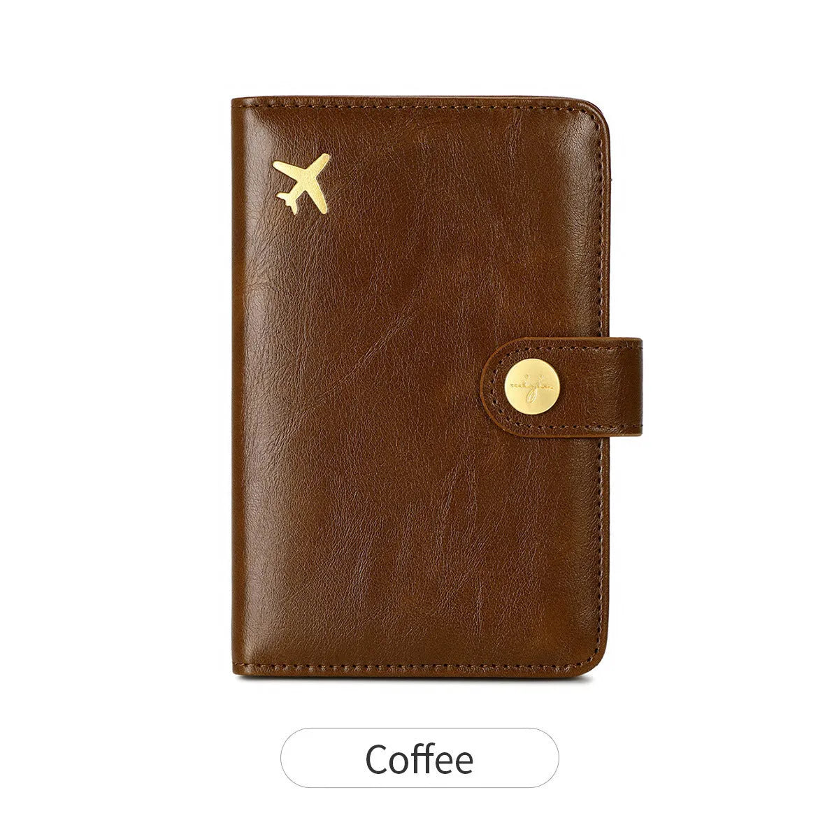 Simple PU leather passport holder in sapphire blue with visible sewing lines, showing card slots and RFID protection.