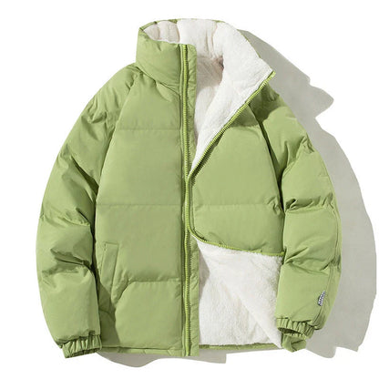 A plush, cozy winter jacket with a stand-up collar and pockets, available in a variety of colors for couples
