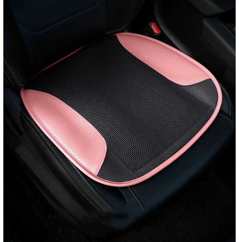 USB ventilated car seat cushion in black suede with leather trim, showing integrated cooling fans and power cable