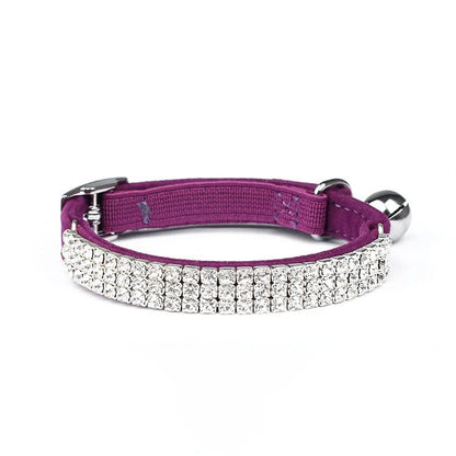 Adjustable velvet cat collar with rhinestones in five colour options showing 20-30cm length